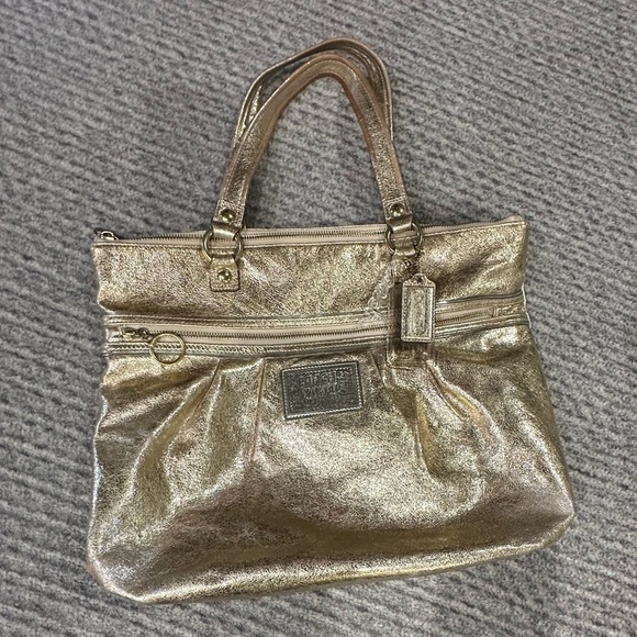 VINTAGE COACH Poppy Metallic Gold Champagne Leather Large Shoulder Bag RARE! - Picture 1 of 11